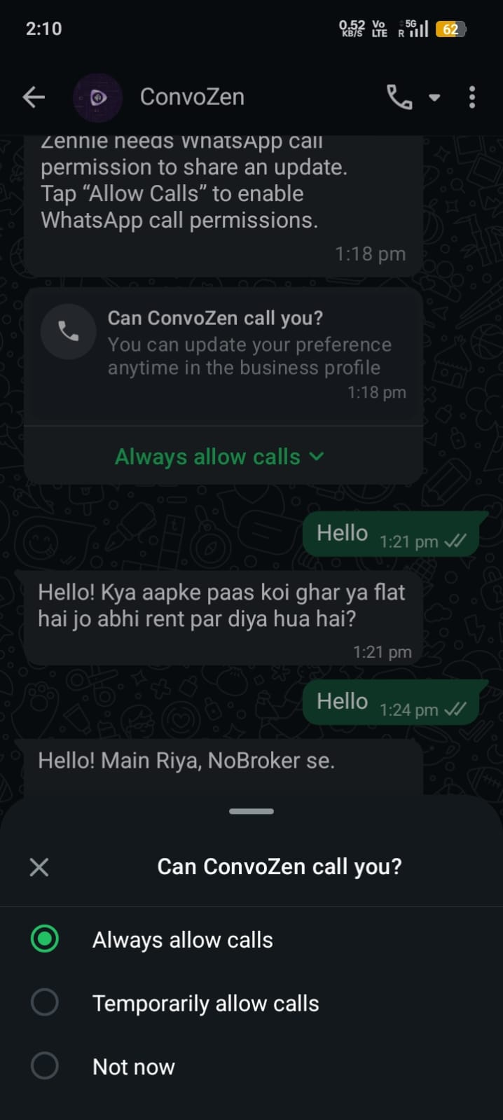 WhatsApp call permission template